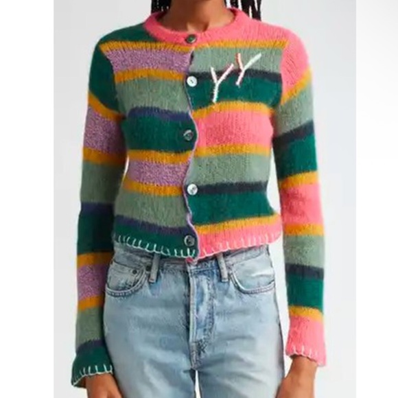 Yanyan Knits Alpaca Stripe Logo Multicolored Button Cardigan Sweater size small - Picture 6 of 15